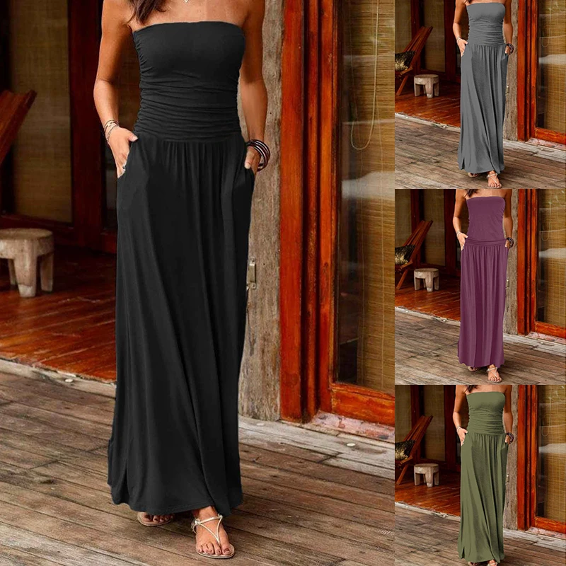 

Women's Bandeau Sleeveless Strapless Loose Long Dress Without Belt