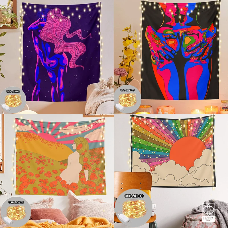 

Psychedelic Girl Tapestry with Lights Wall Hanging 80s Aesthetic Hippie Tapestries Kawaii Room Decor Aesthetic Home Decoration
