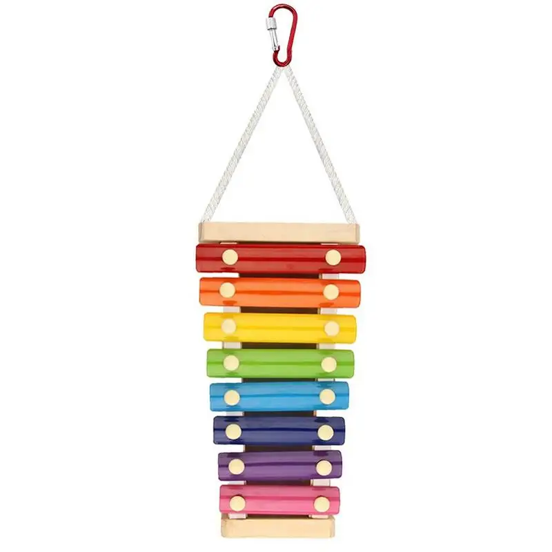 

Colorful Bird Xylophone Toy Suspensible Wood Xylophone Toy With 8 Metal Keys Chicken Coop Pecking Toy Rainbow Color Pet Parrot