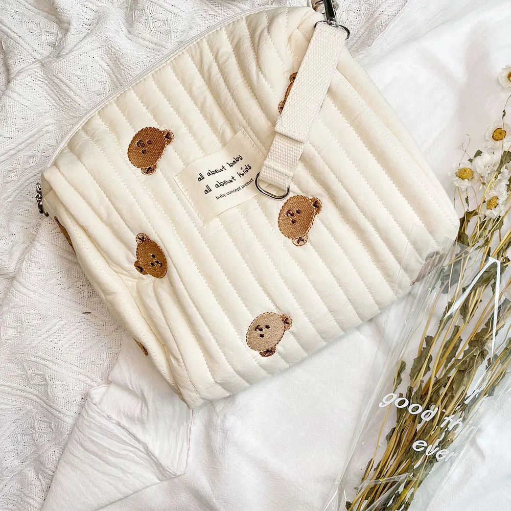 Mommy Single Shoulder Bag Zipper Embroidery Cute Bear Print Creamy Color Mom Bag Outing Baby Stroller Diaper Bags Simple Style