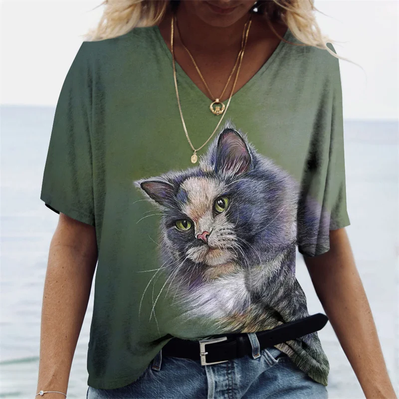 

Women's T Shirt Manga Cat 3D Print Cotton Harajuku Summer Short Sleeve Top V-Neck Casual Women's Clothing Oversized Tees Shirt