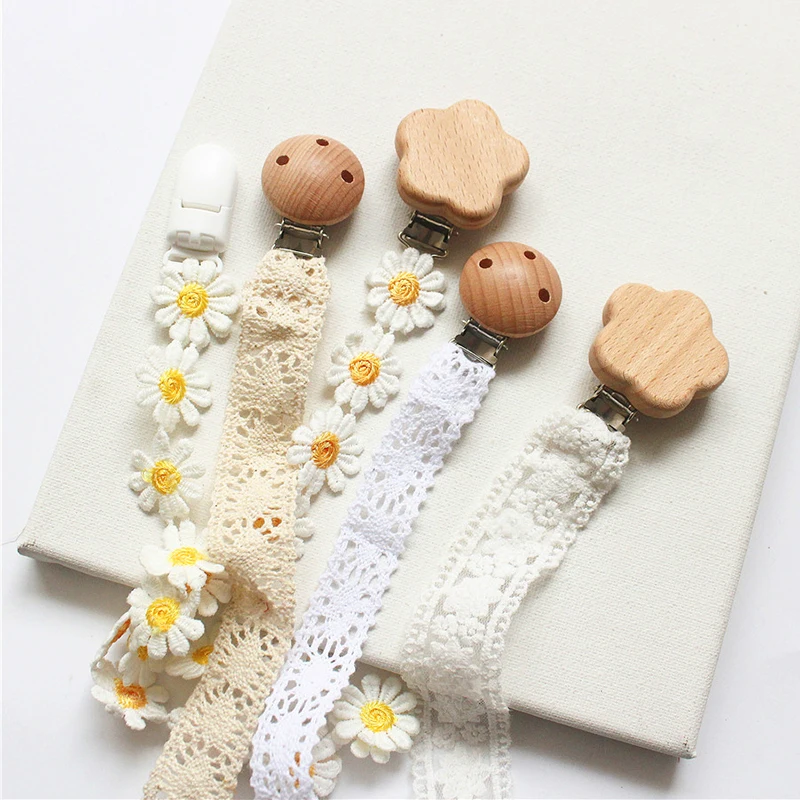 

Baby Pacifier Clip Chain Daisy Lace Anti-lost Pacifier Holder Newborn Infant Toddler Nipple Soother Clips Wooden Teether Toy