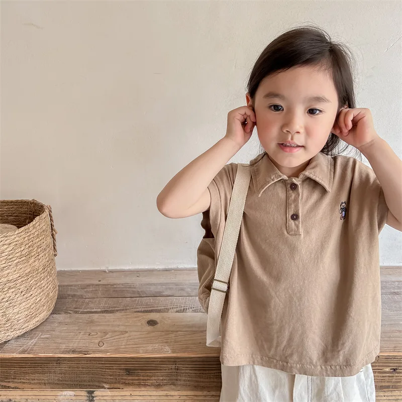 

HAYANA 2022 New Summer Kids T-shirt Solid Color Embroidered Bear Short Sleeve Polo Shirt Children 1-6Y