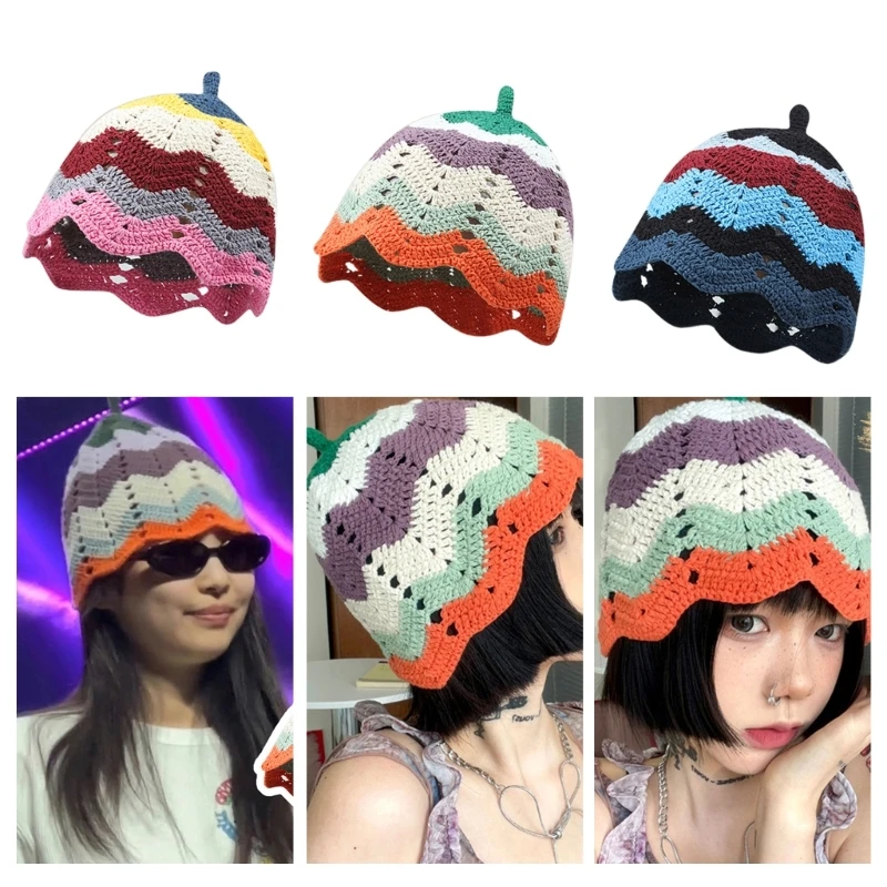 

Knit Beanie Hat for Women Y2K Hollowed Bucket Hat Girls Protections Cap Fashion Stripe Hat Teens Breathable Headwear