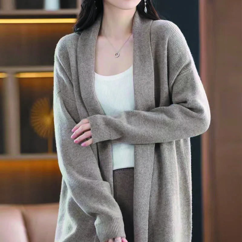 Женский осенне-зимний новый стиль вязаный кардиган средней длины шерстяная