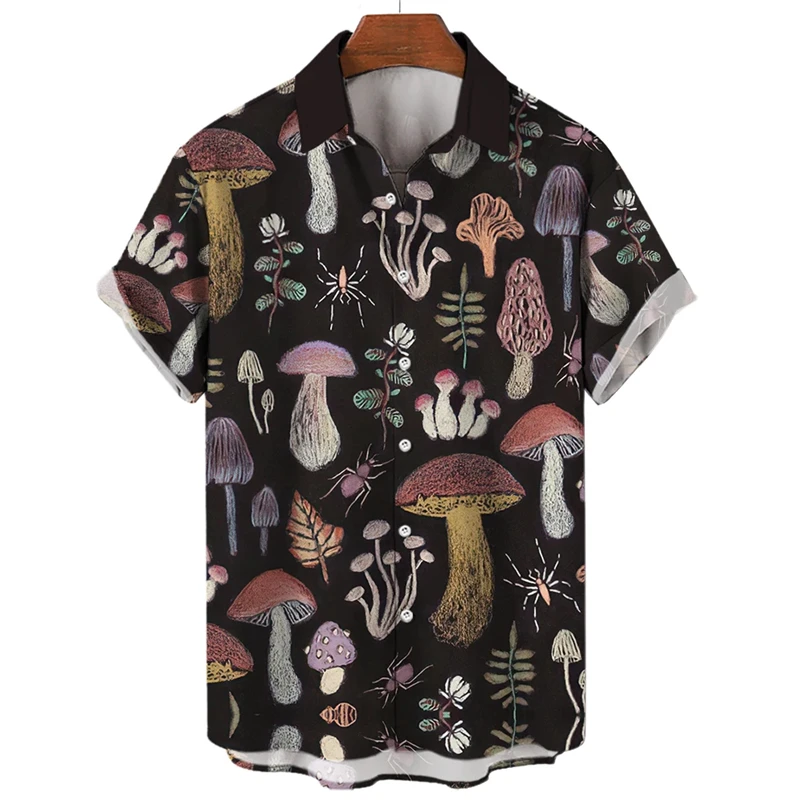 Mushroom 3D Printed Shirts For Men Clothes Cartoon Harajuku Fashion Agaricus Campestris Graphic Blouses Hawaiian Y2k Beach Tops