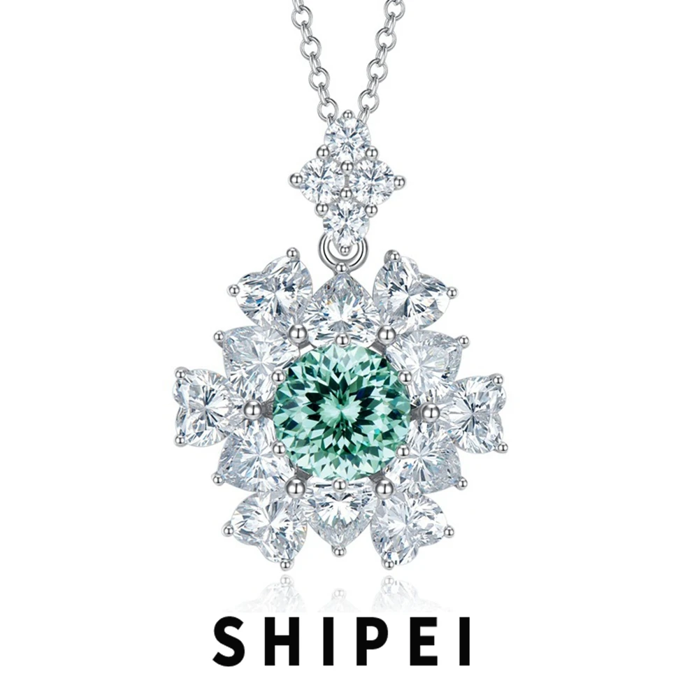 SHIPEI Solid 925 Sterling Silver Flower Cut 4CT Paraiba Tourmaline White Sapphire Gemstone Flowers Pendant Necklace Fine Jewelry