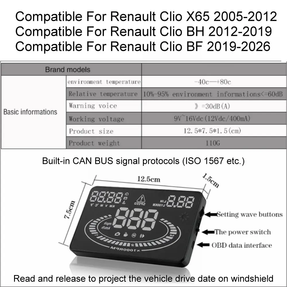 Фото Автомобильный проекционный дисплей HUD для Renault Clio X65 2005-2012, BH 2013-2019, BF 2020-2026, аксессуары для автомобильной электроники. №5