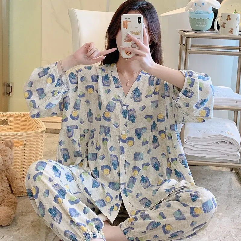 Long sleeve cotton silk pajamas women in the spring and autumn thin girl leisurewear bourette suits summer big yards