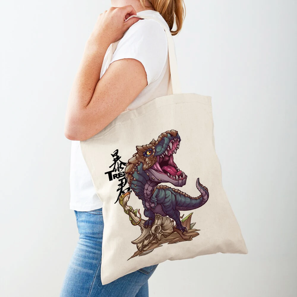 

Cartoon Jurassic Dinosaur Children Shopper Bags Travel Tote Lady Handbag Reusable Animal Casual Canvas Women Shopping Bag