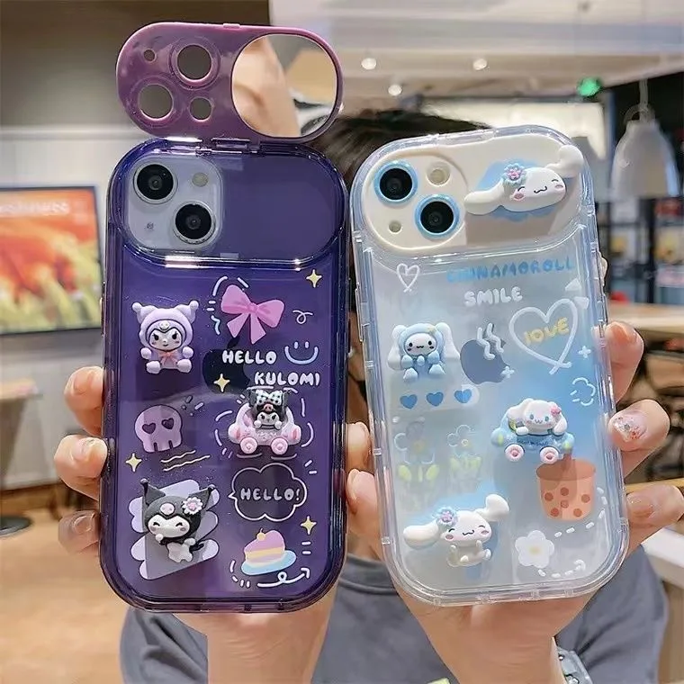 Sanrio Cinnamoroll Kuromi 3D Cartoon Doll With Mirror Phone Cases For iPhone 14 13 12 11 Pro Max XR XS MAX Anti-drop Back Cover