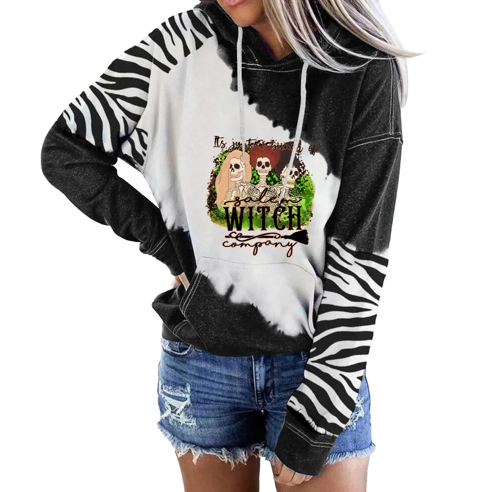 

Женская толстовка с длинным рукавом на Хэллоуин, Повседневная Толстовка с капюшоном на завязках, толстовка с цветочным принтом