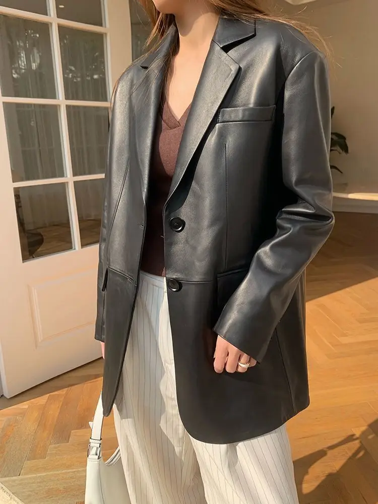 Pu leather suit jacket female spring 2023 new loose temperament high sense small suit jacket top