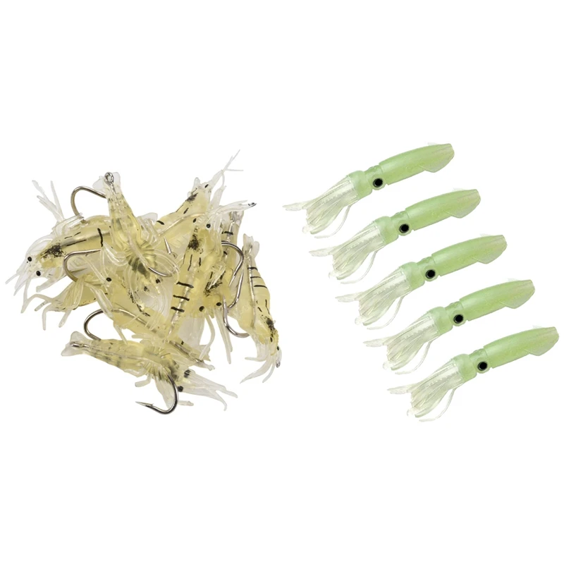 

10Pcs 4cm Shrimp Lure Pesca Lure & 5Pcs 10.5cm Octopus Lures Squid Skirt Bait Glow in Dark Luminous Saltwater Bait