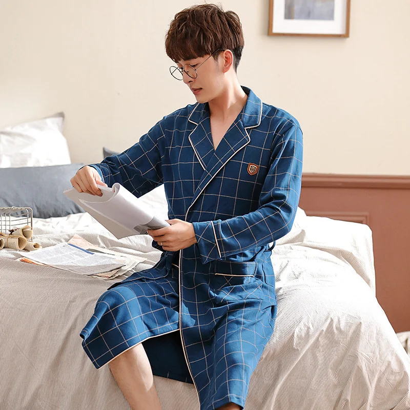 Kimono Robe Male 100% Cotton Housecoat Brand Quality Long Sleeve Fall Bath Robe Luxury Kimono Men Cotton Yukata Classy Bathrobes