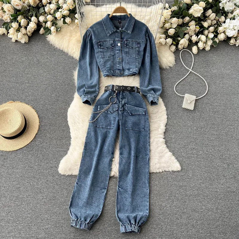 2022 Vintage Fashion 2 Piece Outfits Women Solid Casual Jacket High Waist Suit Chain Cargo Jogging Pants Lady Set Streetwear New