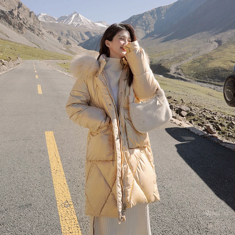 Fashion Women's Down Jackets Winter Long Fur Collar Hooded Casual Coat Glossy Silver Parkas Thick Jackets Women Outwear