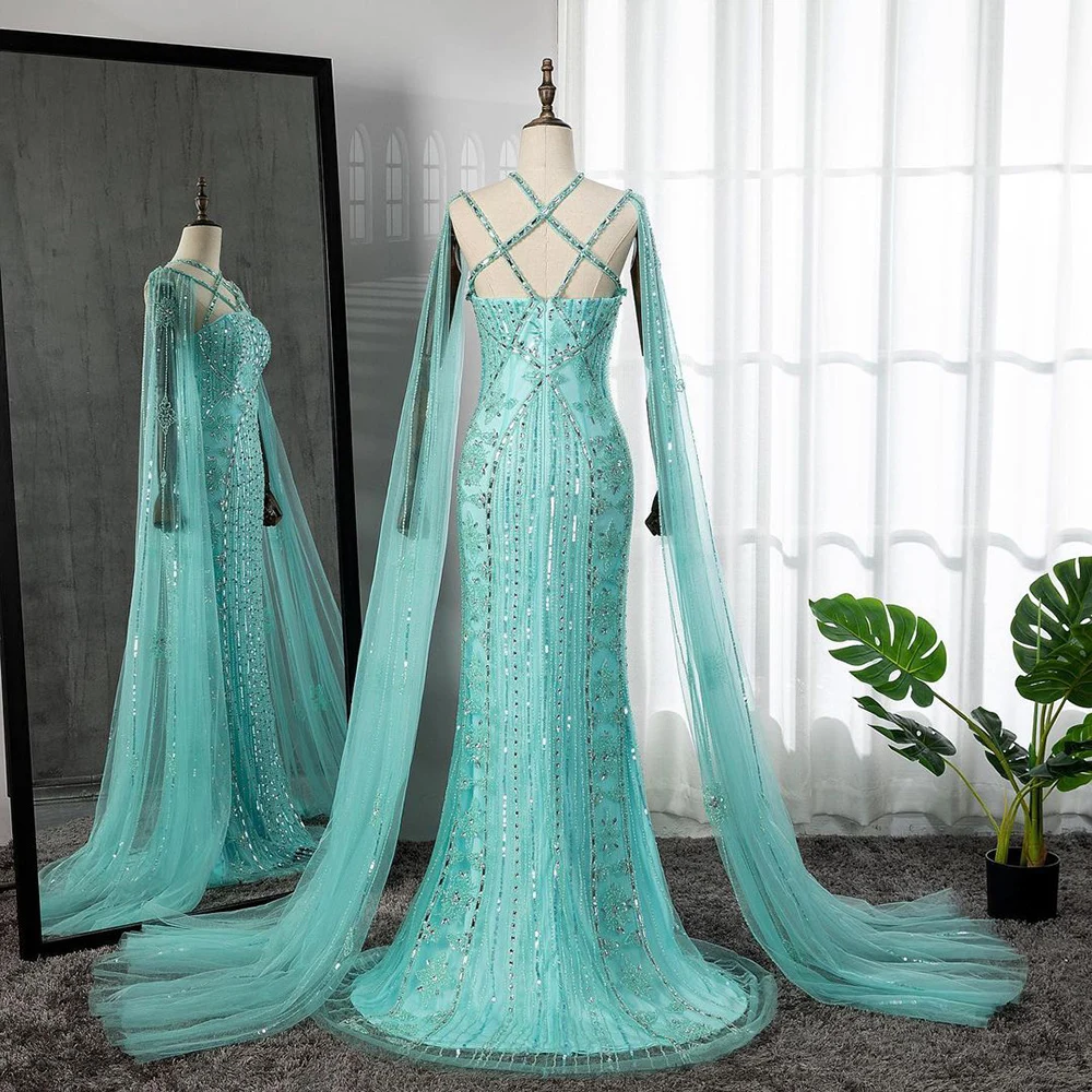 

Haute Couture Luxury Dubai Mermaid Cape Sleeves Beaded Evening Party Dresses Sweep Train Prom Formal Gown