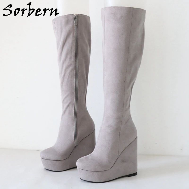 Sorbern Light Brown Knee High Boots Women Small Size Eu33 Wedges High Heel Platform Shoes Fetish Unisex Custom Colors
