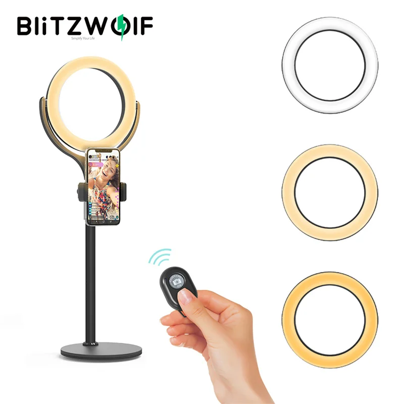 BlitzWolf Desktop Dimmable Ring Light for Youtube Live Vlog Streaming , 10W 3300-6000k Dimmable Ring Light with Phone Holder