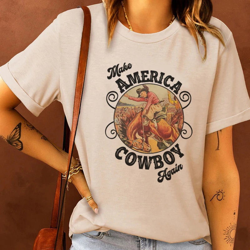 

Make America Cowboy Again Western Rodeo Women's T-Shirt Vintage Country T Shirt Cute Funny Tshirts Cowgirl Retro Boho Top Outfit
