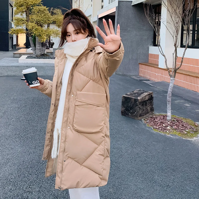 Women's Autumn Winter Solid Color Hooded Jackets Rhombic Lattice Loose Coat Medium Long Parka for Fashion Parkas Jackets