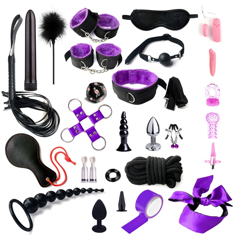 28Pcs Bdsm Kits Bondage Gear Collar Handcuffs Whip Butt Plug Erotic Games Purple