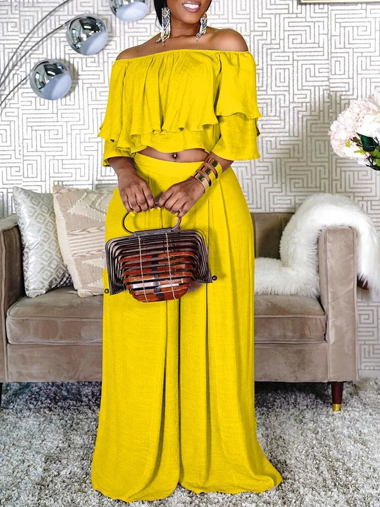 

Plus Size 2 Piece Set for Women Clothing Sexy Off Shoulder Crop Top Casual Elegant Wide Leg Long Pants Fashion Outfits Party