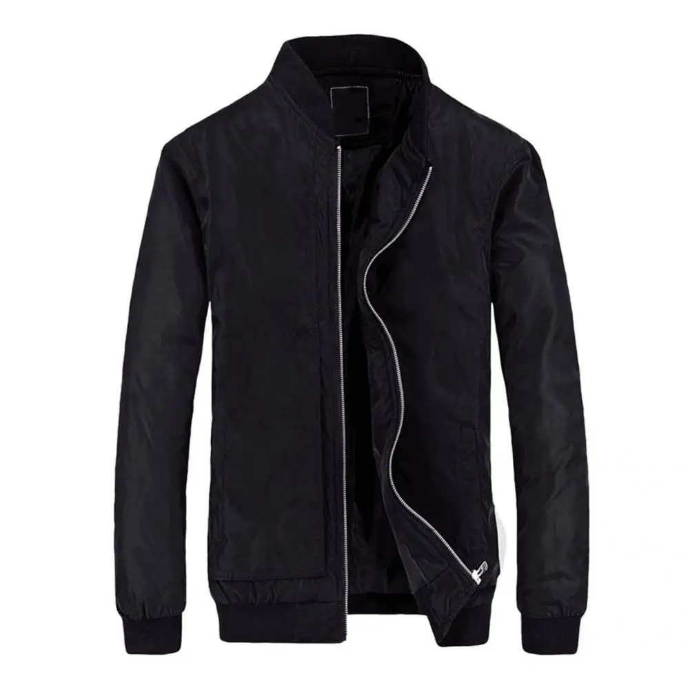 

Great Men Jacket Zip-up Solid Color Zipper Cardigan Spring Jacket Men Coat Elastic Hem