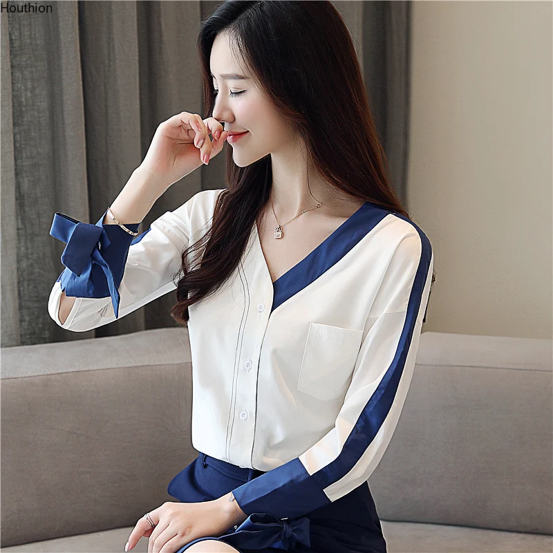 

Chiffon Women's Blouses Fashion Solid Shirt Casual New Korean Top Long Sleeve Button V-Neck Elegant Female Clothing
