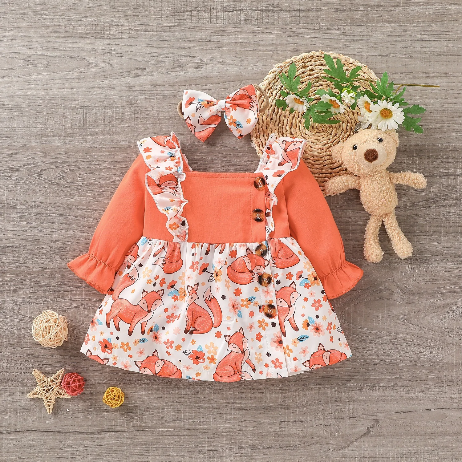 Платье с мультяшным принтом лисы Одежда для новорожденных девочек платья платье