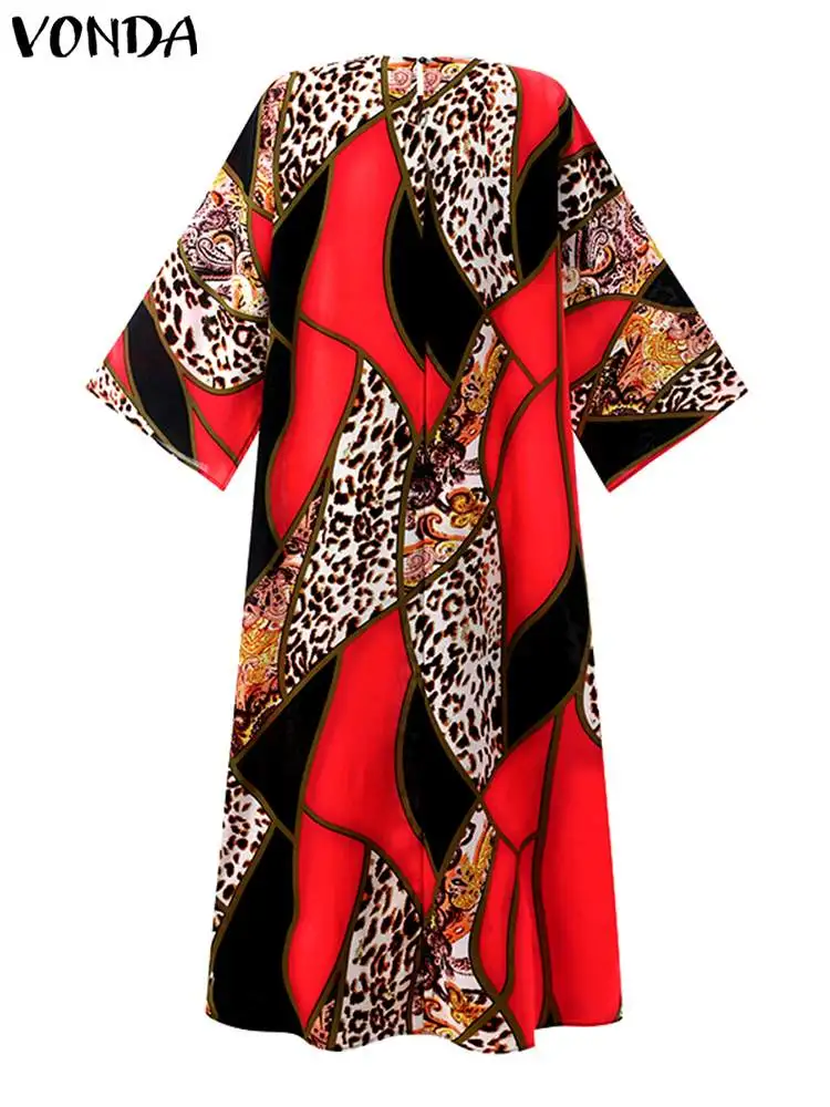 Plus Size 5XL VONDA Summer Dress Women 2023 Bohemian Causal 3/4 Sleeve Vintage Leopard Printed Long Robe Loose Party Sundress