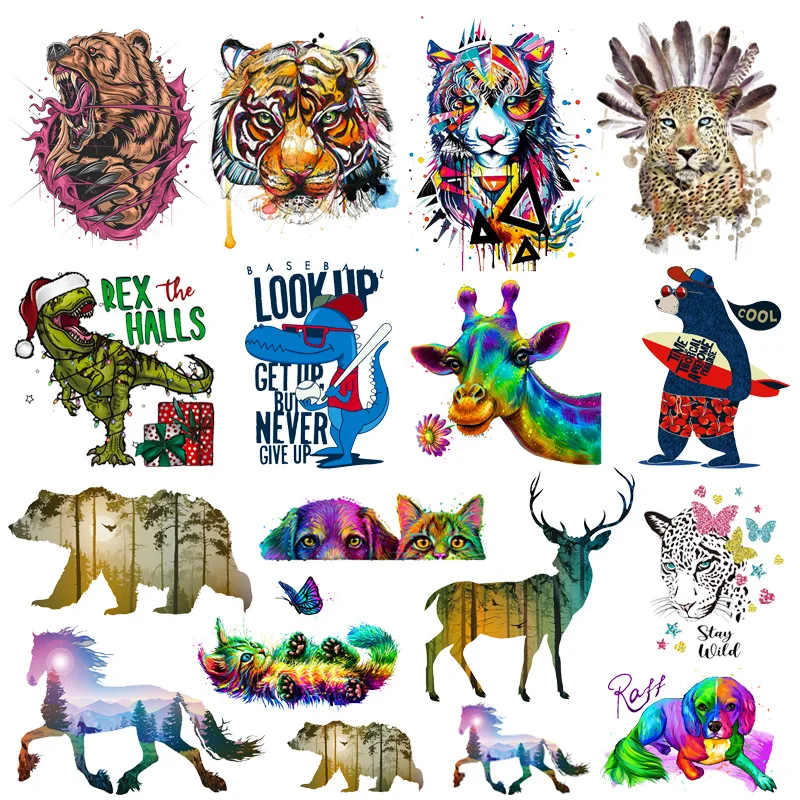 

Tiger Horse Bear Heat Transfer Patch DIY Punk/Colourful Animal Iron On Transfers For Clothing T Shirt Iron Sticker For Clothing