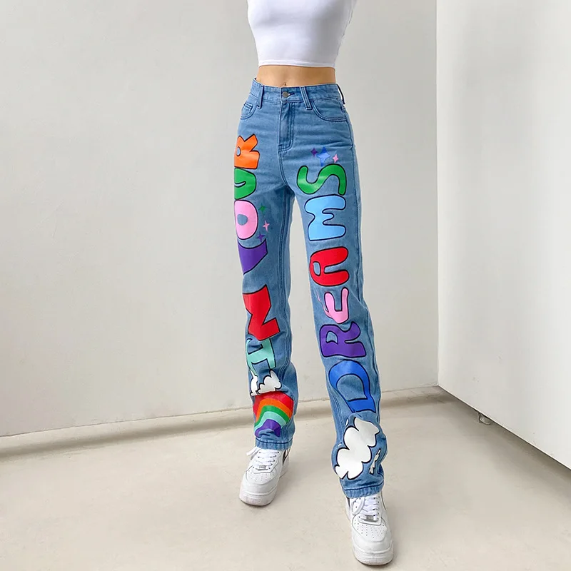 

Cartoons Graphics Cute Letter Printed Baggy Women Jeans High Waisted Sweet Demin Pants Streetwear E-Girl Vintage 90s Bottom