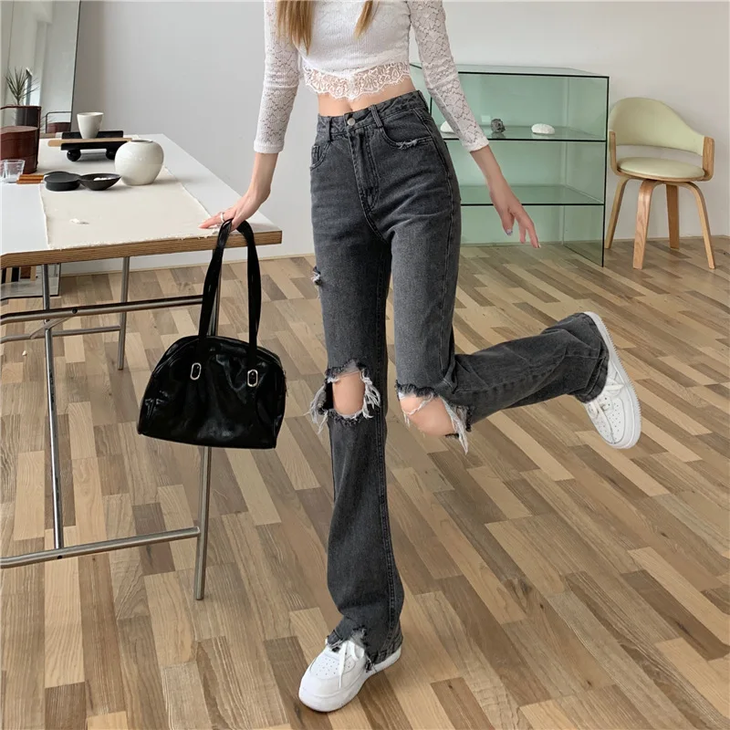 Straight Tube Wide Leg Pants with Holes in Jeans Women's Summer Thin 2023 New Loose High-waisted Hot Girls' Trousers