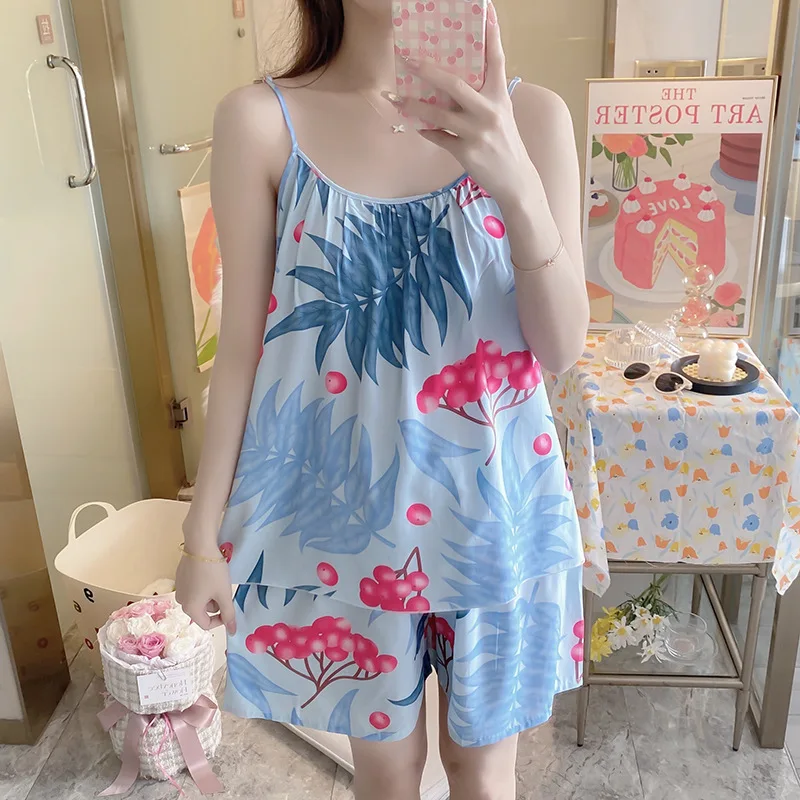 

Fdfklak Fashion Sling Shirt + Shorts Two Piece Set New Flower Print Nightwear Pajamas Women Cotton Sleepwear Pyjama Pour Femme