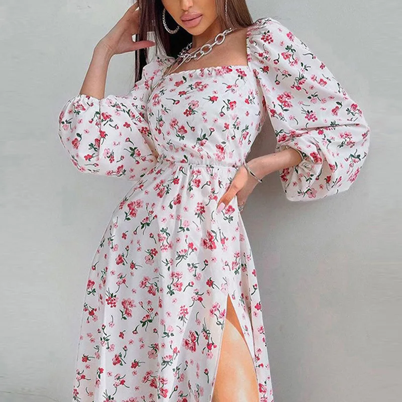 

Women Dresses Summer 2023 Floral Print Boho Beach Dress Vintage Office Lady Puff Sleeve Split Midi Long Dress Wrap Sundress Robe