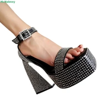crystal platform black sandals square toe ankle buckle strap block heel solid fashion women summer shoes white studded high heel