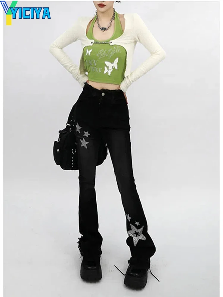 YICIYA Long PANTS Black Jeans American Y2k Star Print Flare Pants Oversize Boot Cut Winter Vintage Jean Trousers Women Clothes