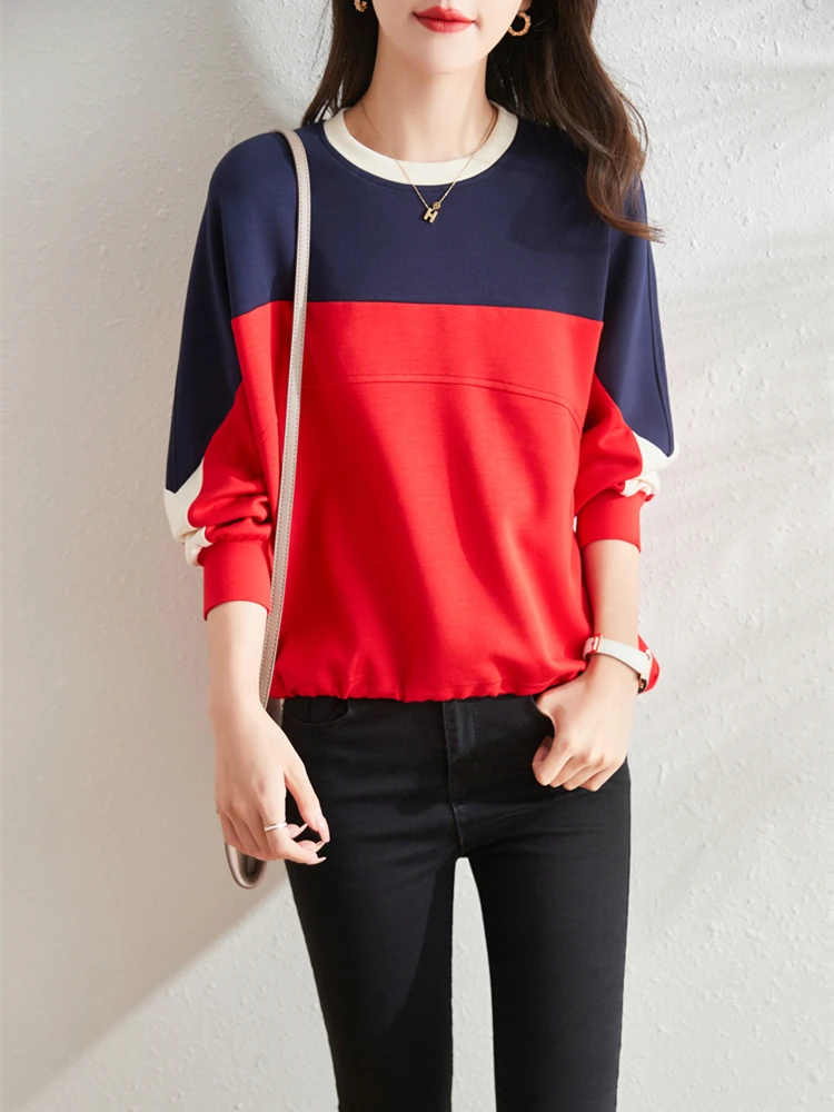 

Sweatshirts Ladies Tops Fashion Spring Autumn Crew Neck Pullover Loose Long Sleeves Drawstring Splicing Regular Tenafeicc