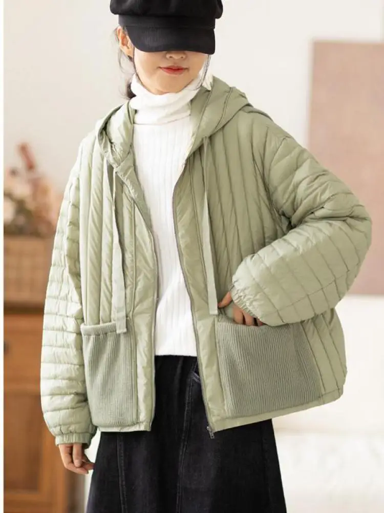 

Autumn Winter Women Hooded White Duck Down Jacket Loose Coat Warm Knitting Patchwork New Casual Outwear