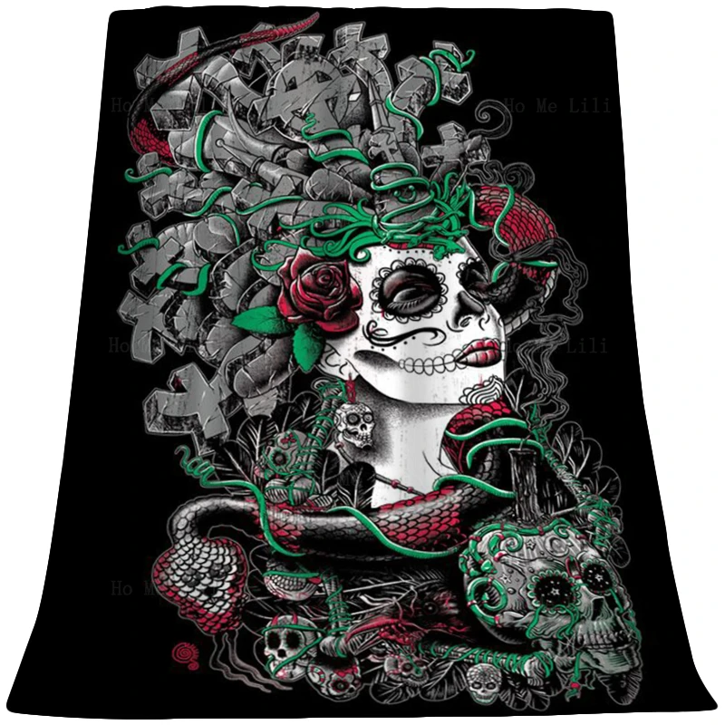 

Day Of The Dead Skulls Earth Goddess Gaia Snake Eyes Evil Queen Flannel Blanket By Ho Me Lili Fit For Office Camp Sofa Use