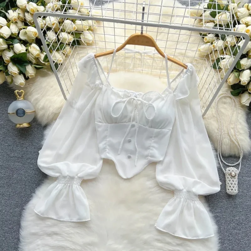 SINGREINY-шифоновые топы с расклешенными рукавами для женщин рюши однотонная