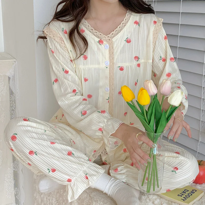 Lace Homewear Pajamas Set Women Sweet Princess Flower Print Full-Sleeve Fashion Soft Comfortable Pyjamas Clothes Big Size