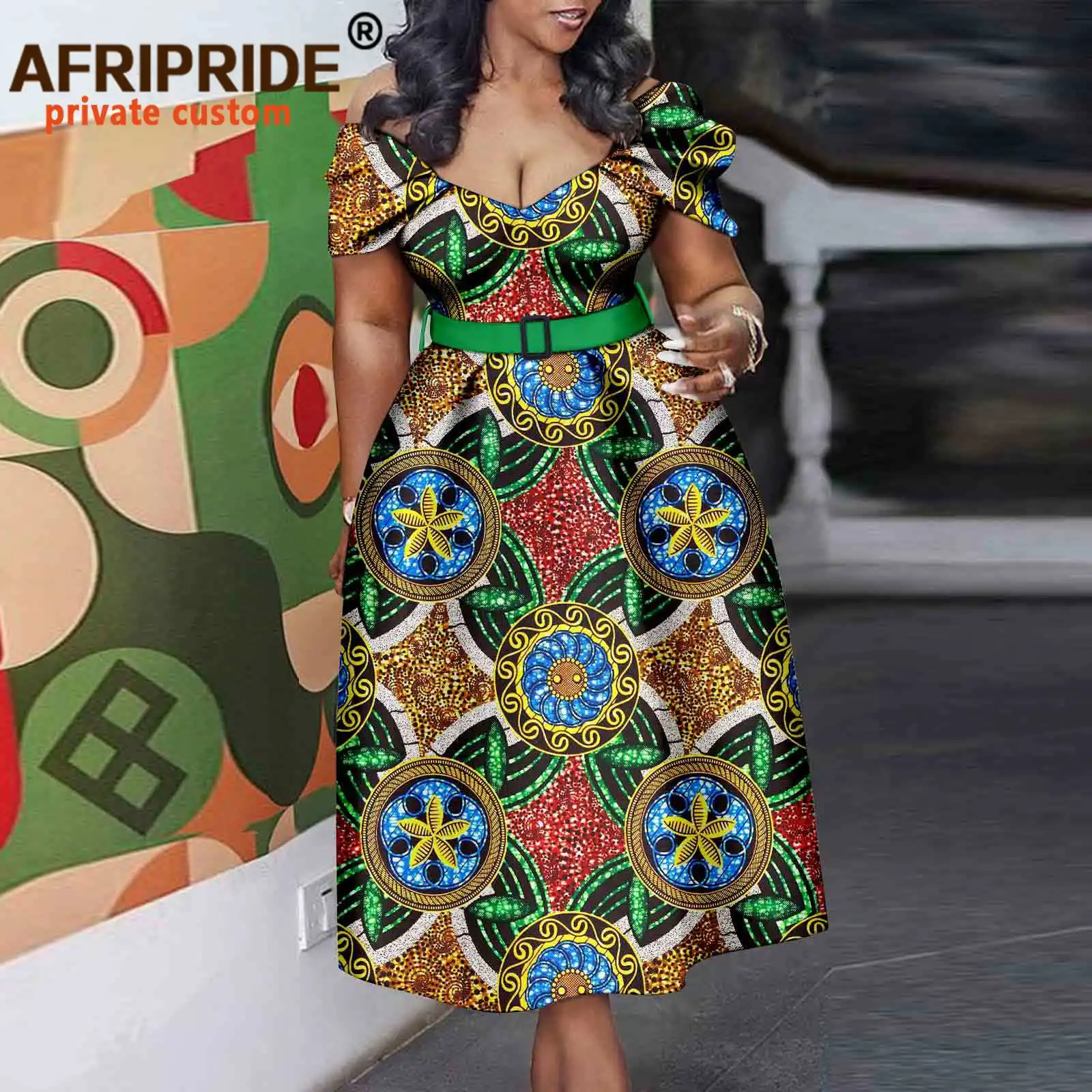 Afripride Ankara Dresses for Women African Clothing Ruffle Shoulder Mid-Calf Length  Casual Dress Tailor Made A2225019