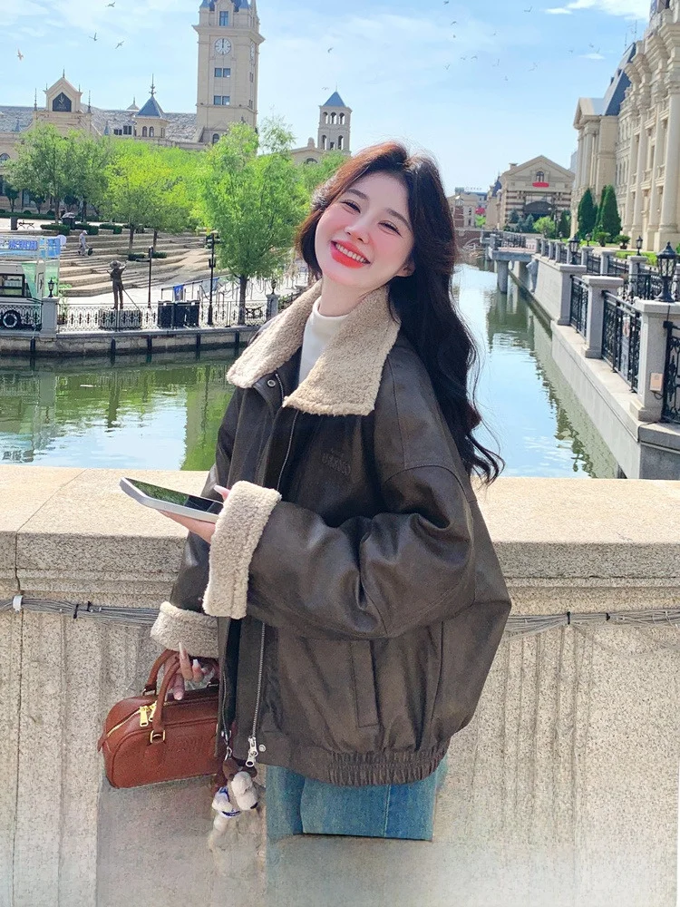 Толстое пальто из искусственной кожи на флисовой подкладке парка верхняя одежда