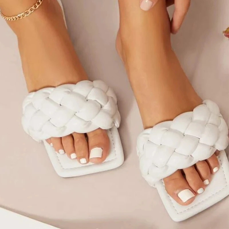 Women Flat Slide Braided Vamp Square Toe Slipper Sandals Personality Slippers 2023 Outdoor Summer Sexy Slides Ladies Shoes