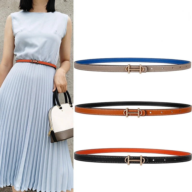 H Buckle PU Leather Belt Double Sided Available Women's Fashion Accessories Suit Luxury Brand Small Belt with Sweater Shirt