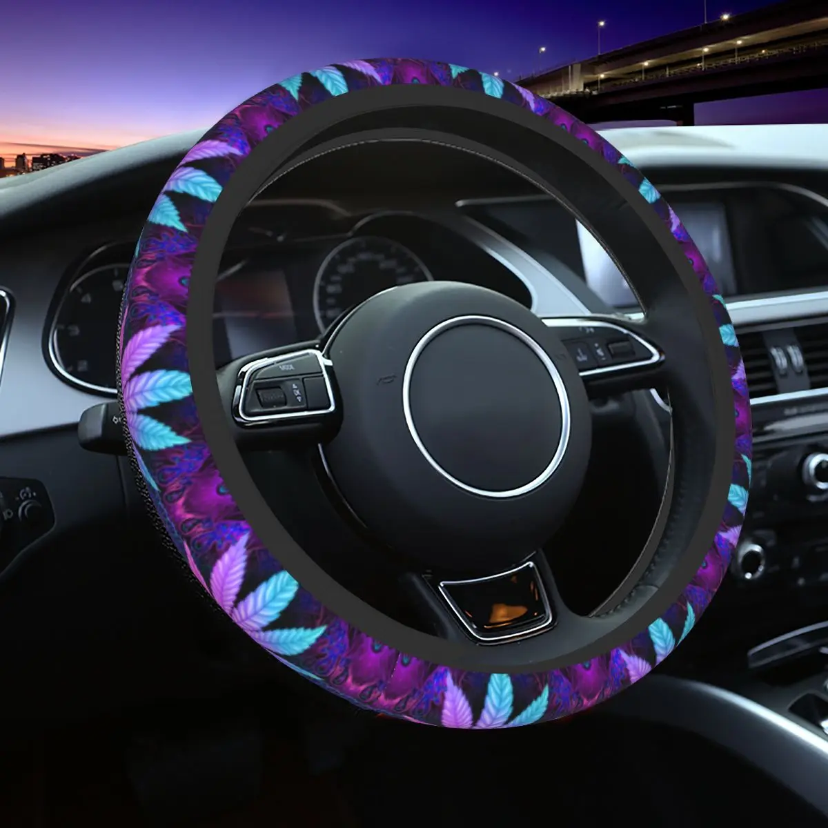 

38cm Car Steering Wheel Cover Neon Maple Leaves Universal Weed Leaf Auto Decoration Colorful Automobile Accessory