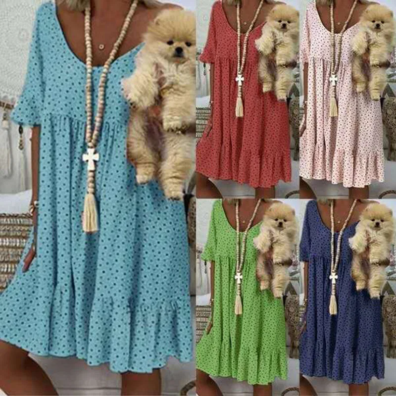

Summer Women's Dress 2022 Sundress O Neck Dots Print Half Sleeve Large Hem Loose Knee-length Dress for Office